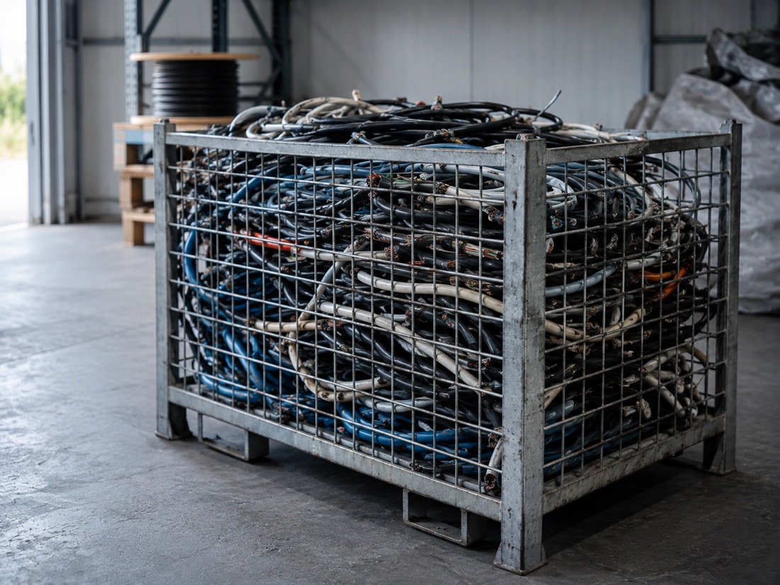 Gitterbox gefüllt mit gemischtem Kabelschrott