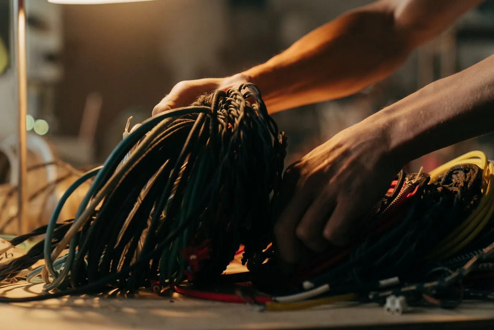 Hände sortieren gemischte Kabel auf einer Werkbank