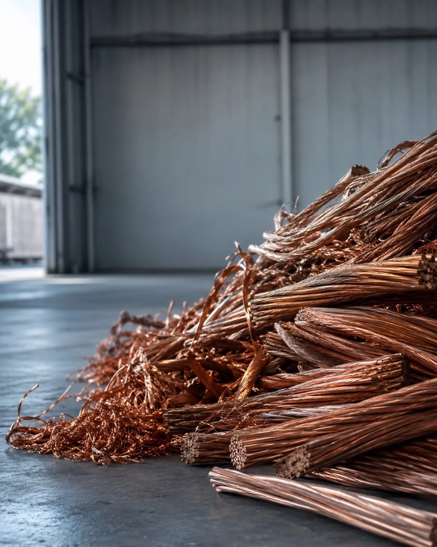 Großer Haufen blanker Kupferkabel im Tor einer Lagerhalle