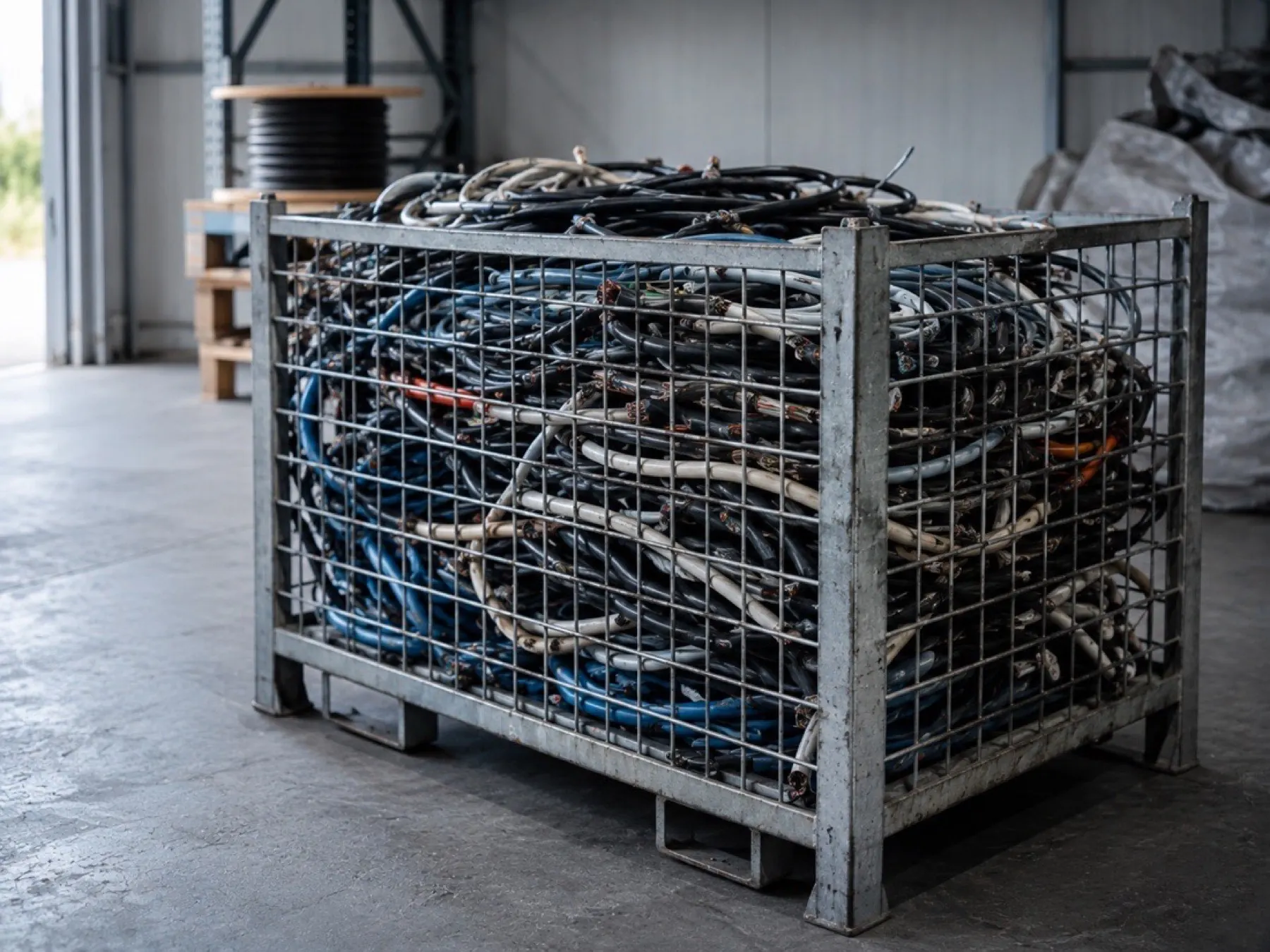 Gitterbox voller gemischter Kabelreste